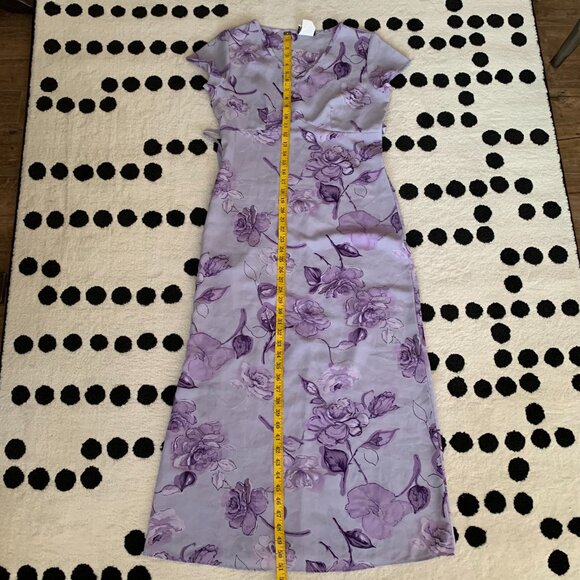 Vintage 90s Purple Floral Midi Dress Empire Waist Short Sleeve Tie Back - Picture 15 of 16